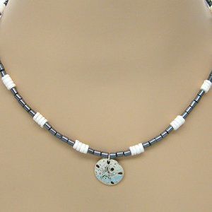 Sand Dollar Necklace Black Glass White Puka Shells 18" 7088-13
